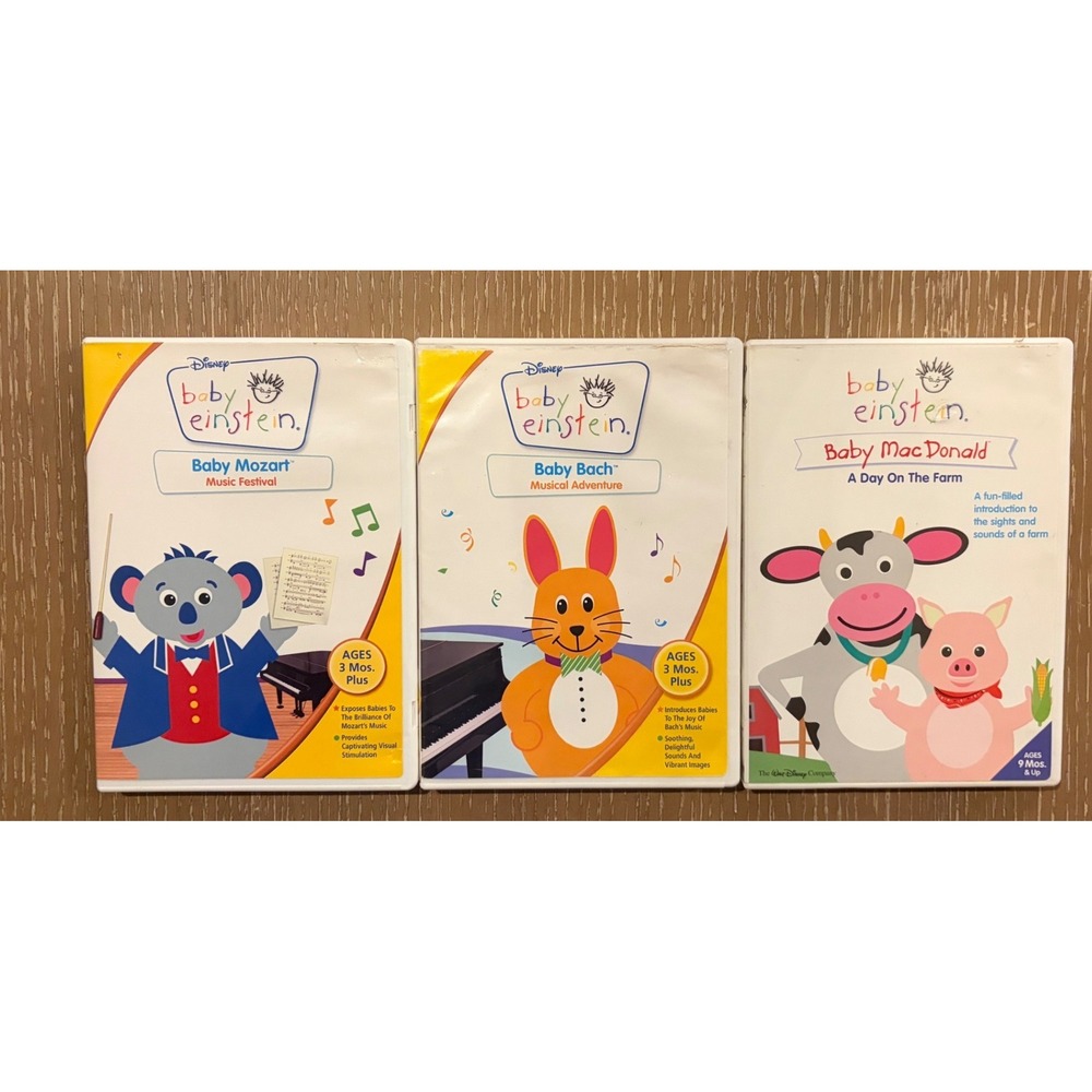 Baby Einstein DVD Lot Baby Mozart Baby Bach Baby MacDonald Day On The Farm 3 Pc